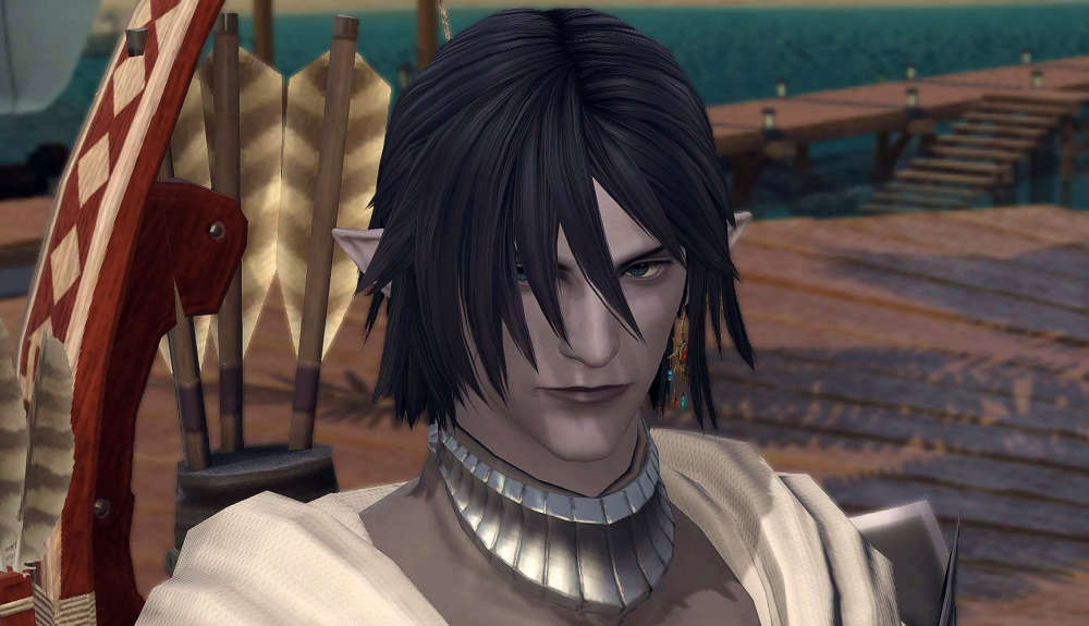 Elezen with black hair, light gray skin, set against a pier in Costa del Sol.