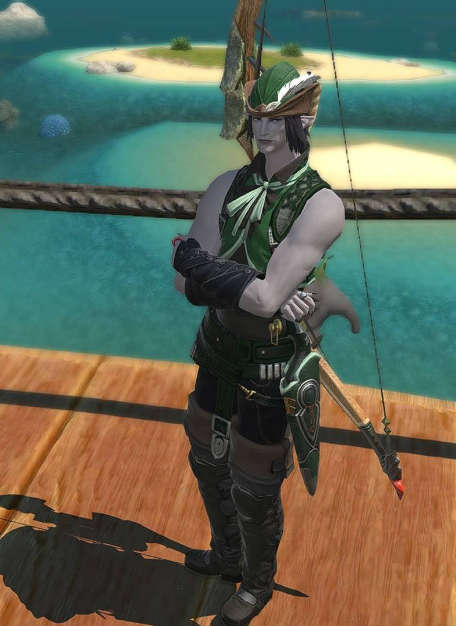 Dark-haired gray-skinned Elezen in a green bard-y outfit